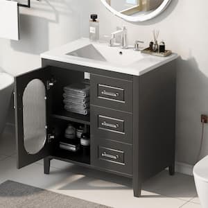 18.3in. W x 30in. D x 33in. H 1 Sink Freestanding Bath Vanity in Black with White Ceramic Top and 1-Glass Door/2-Drawers