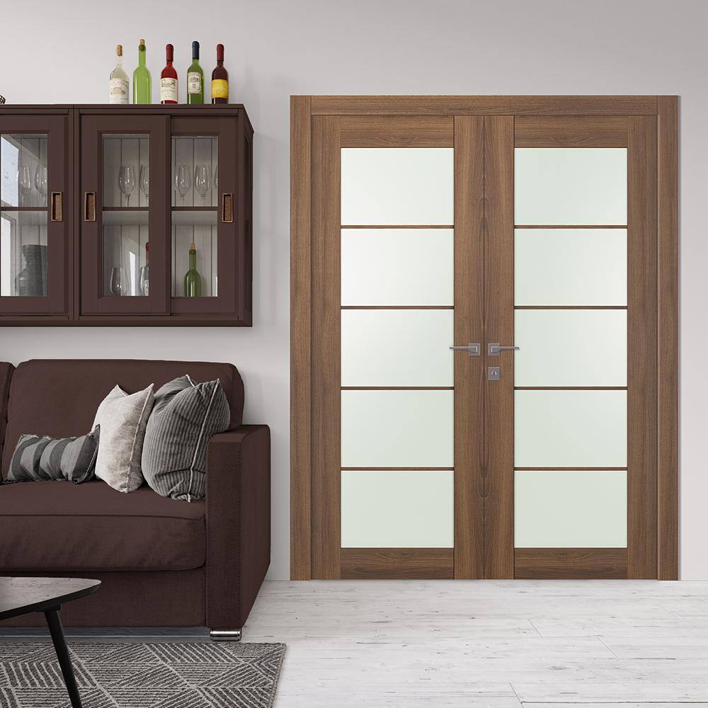 Pecan Nutwood Medium Brown Frosted Glass Composite Double Prehung French Door