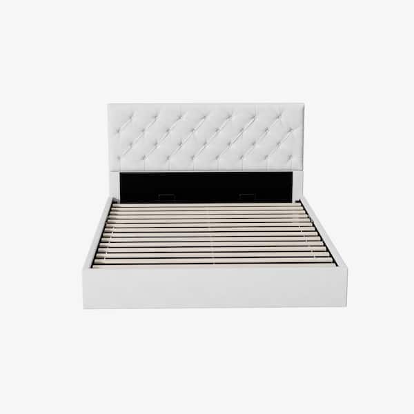 White Frame Full Size Upholstered Platform Bed with Lift-up Storage Supported by Metal and Wooden Slats