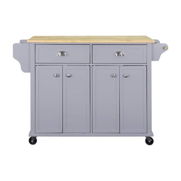 FUNKOL Gray Cambridge Natural Wood Top 32 in. Kitchen Island with Storage