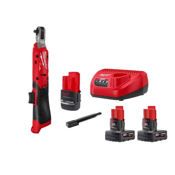 M12 FUEL 12V Lithium-Ion Compact 1/4 in. Cordless Ratchet Kit with Battery, Charger, Bag, & 4. 0Ah (2-Pack)