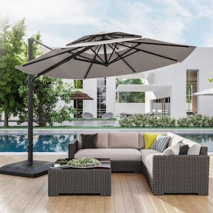 11 ft. Double Top Aluminum Cantilever Patio Umbrella with Base for Patio Deck Garden in Gray