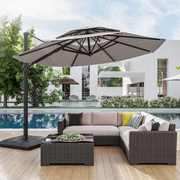 11 ft. Double Top Aluminum Cantilever Patio Umbrella with Base for Patio Deck Garden in Gray