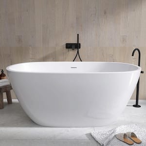 55 in. x 29.5 in. Acrylic Free Standing Soaking Flat Bottom Bath Tub Freestanding Bathtub with Center Drain in White
