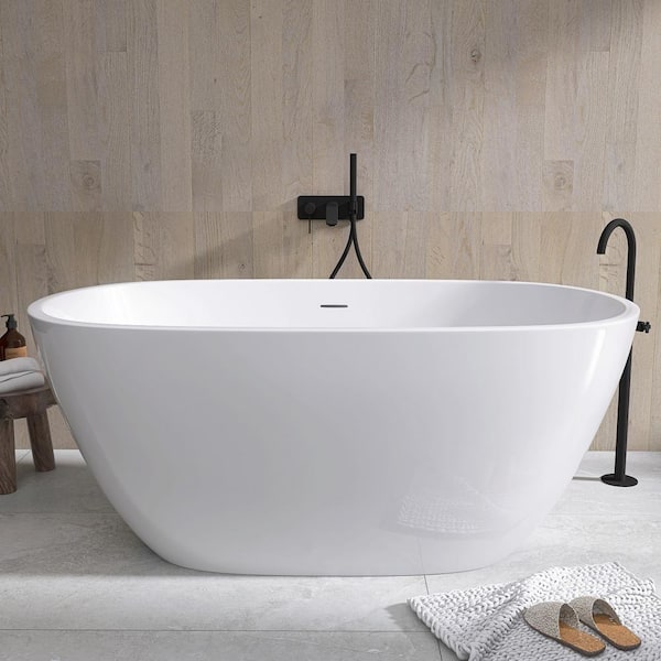 Getpro 55 in. x 29.5 in. Acrylic Free Standing Soaking Flat Bottom Bath Tub Freestanding Bathtub with Center Drain in White