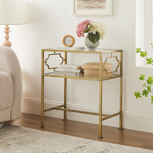 Gretna 23.38 in. Antique Gold Finish Rectangular Tempered Glass Top End Table with Shelf