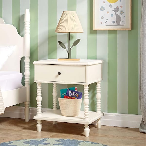 Walker Edison Furniture Company Modern Farmhouse Easy Assembly White 1-Drawer 22 in. W Solid Wood Spindle-Detailing Nightstand