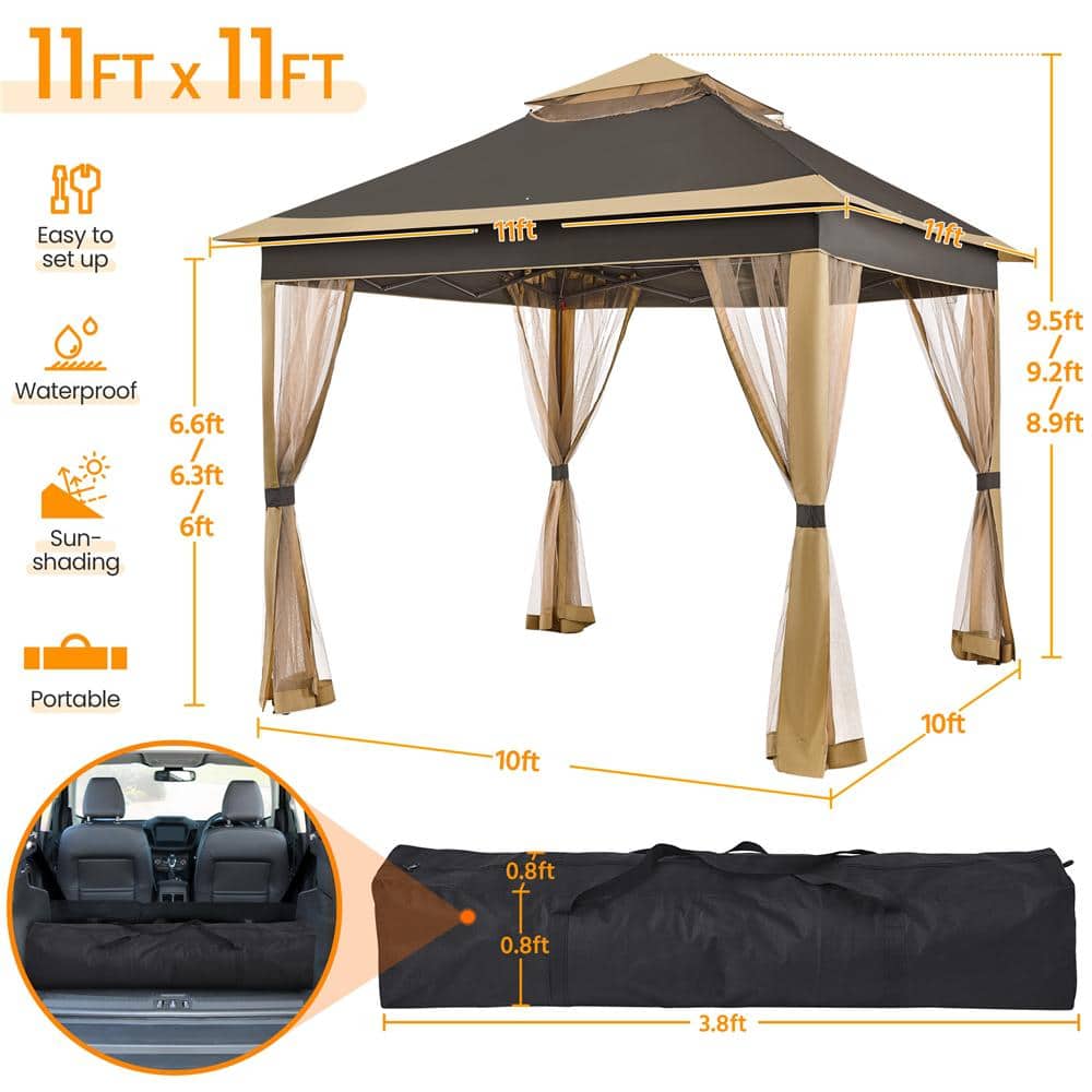 Brown 10x10 Steel Pop-Up Gazebo with Mesh Netting