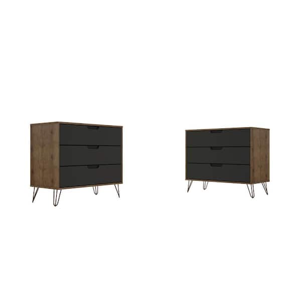 Manhattan Comfort Rockefeller 3-Drawer Nature and Textured Grey Dresser (Set of 2)