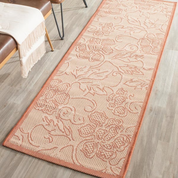 Courtyard Natural/Terracotta 2 ft. x 10 ft. Floral Indoor/Outdoor Patio  Runner Rug