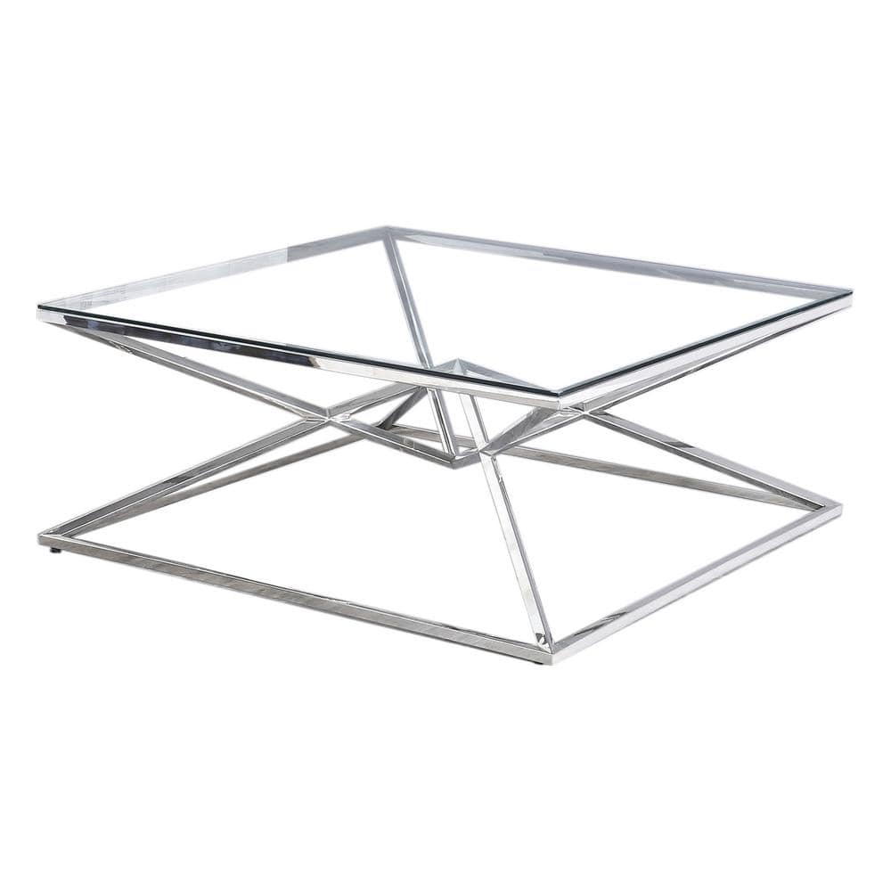 39" Square Clear Glass and Silver Coffee Table