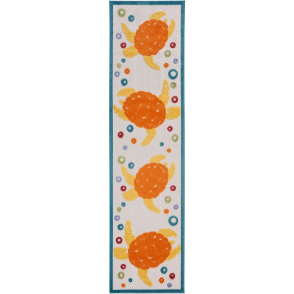 Aloha Teal Multi 2 ft. x 8 ft. Coastal Sea Turtle Contemporary Indoor/Outdoor Runner Kitchen Area Rug