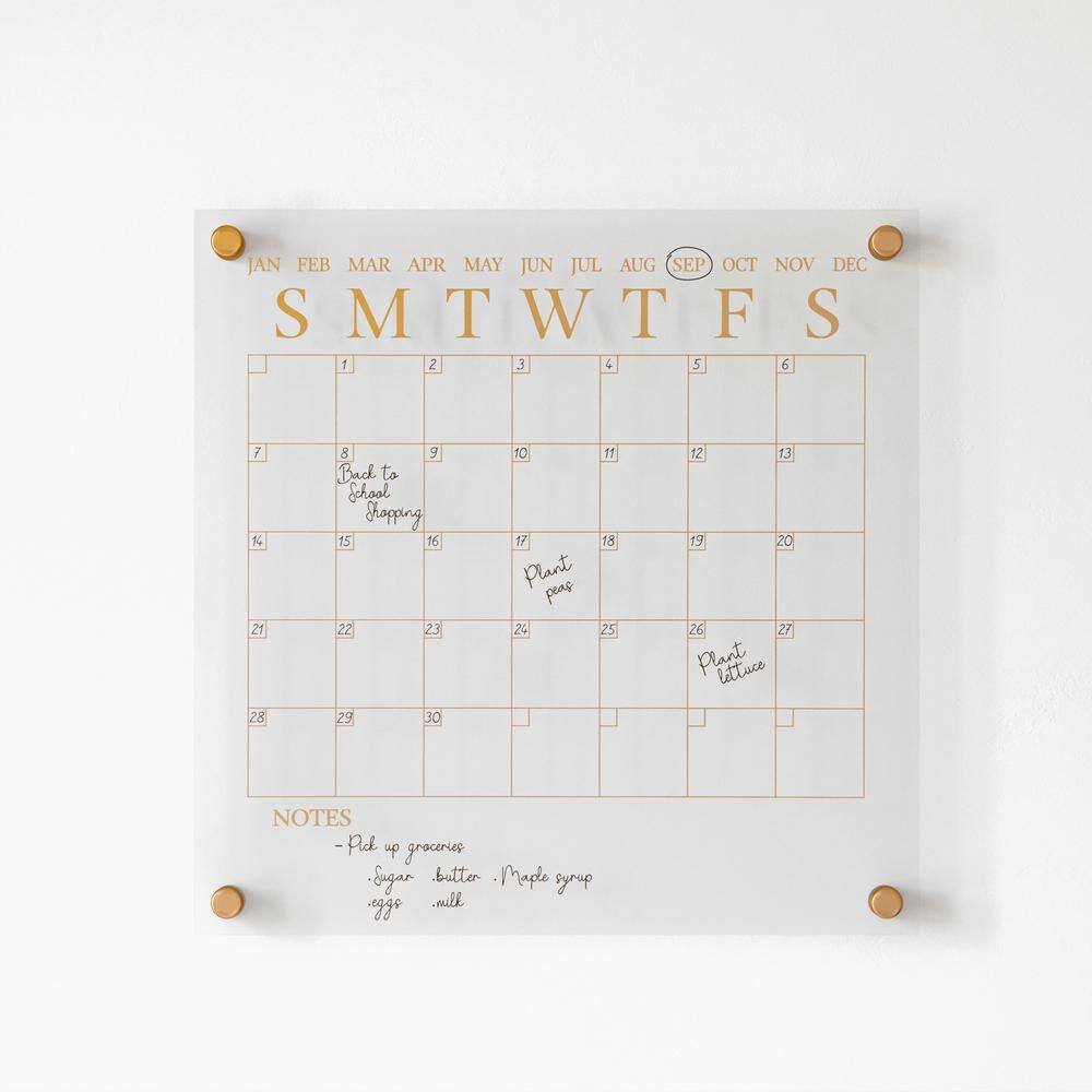 Clear Gold Acrylic Monthly Wall Calendar with Dry Erase Marker