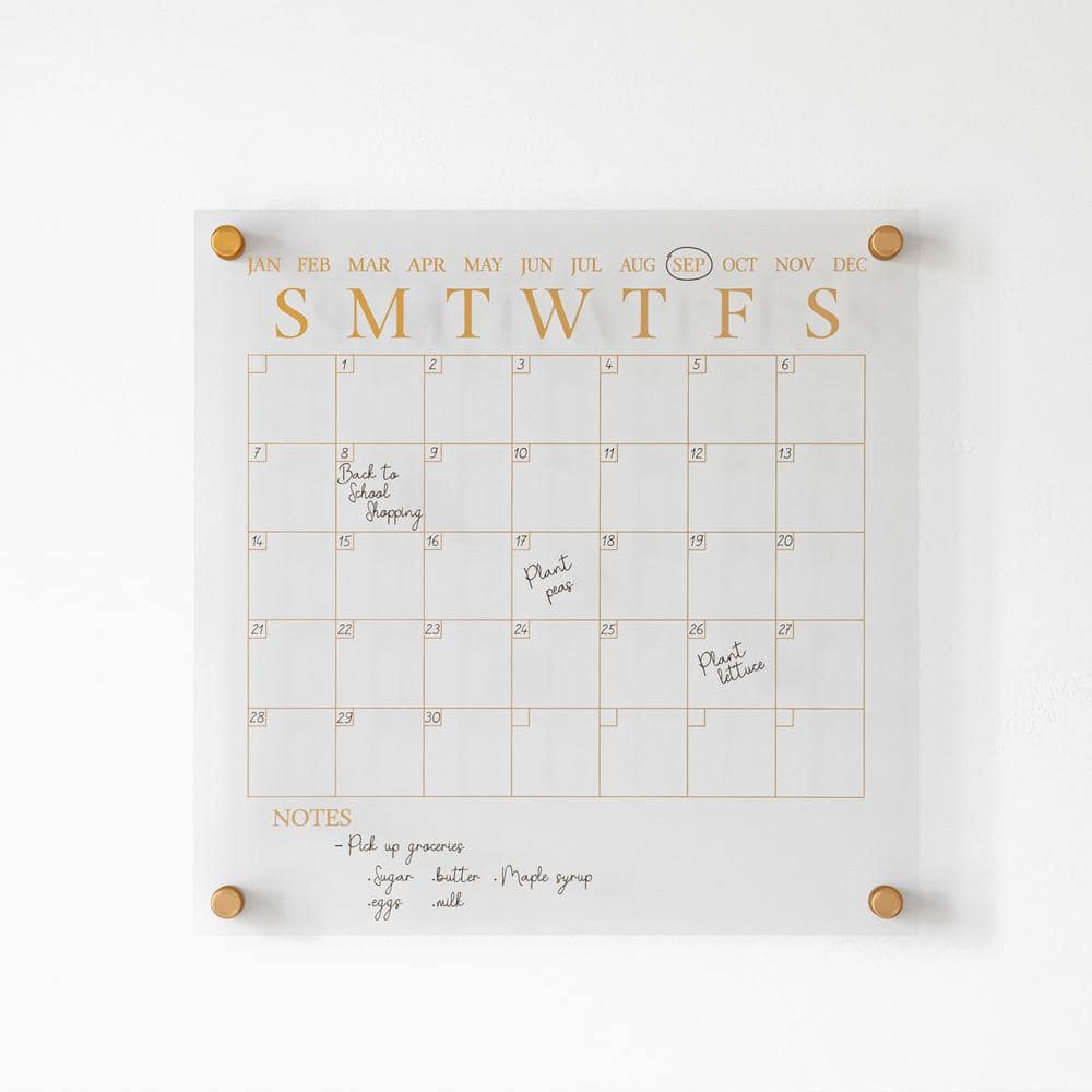 Clear Gold Acrylic Monthly Wall Calendar with Dry Erase Marker