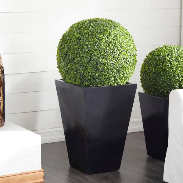 Litton Lane 40 in. H Tall Boxwood Ball Topiary with Realistic Leaves and Black Fiberglass Pot