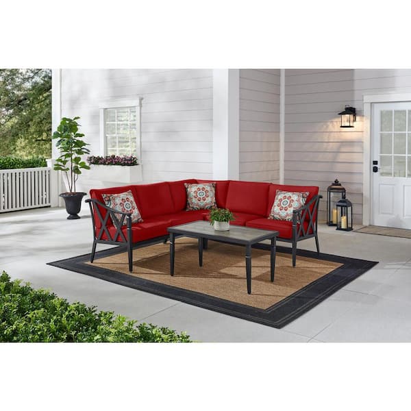 Hampton Bay Harmony Hill 3-Piece Black Steel Outdoor Patio Sectional Sofa with CushionGuard Chili Red Cushions