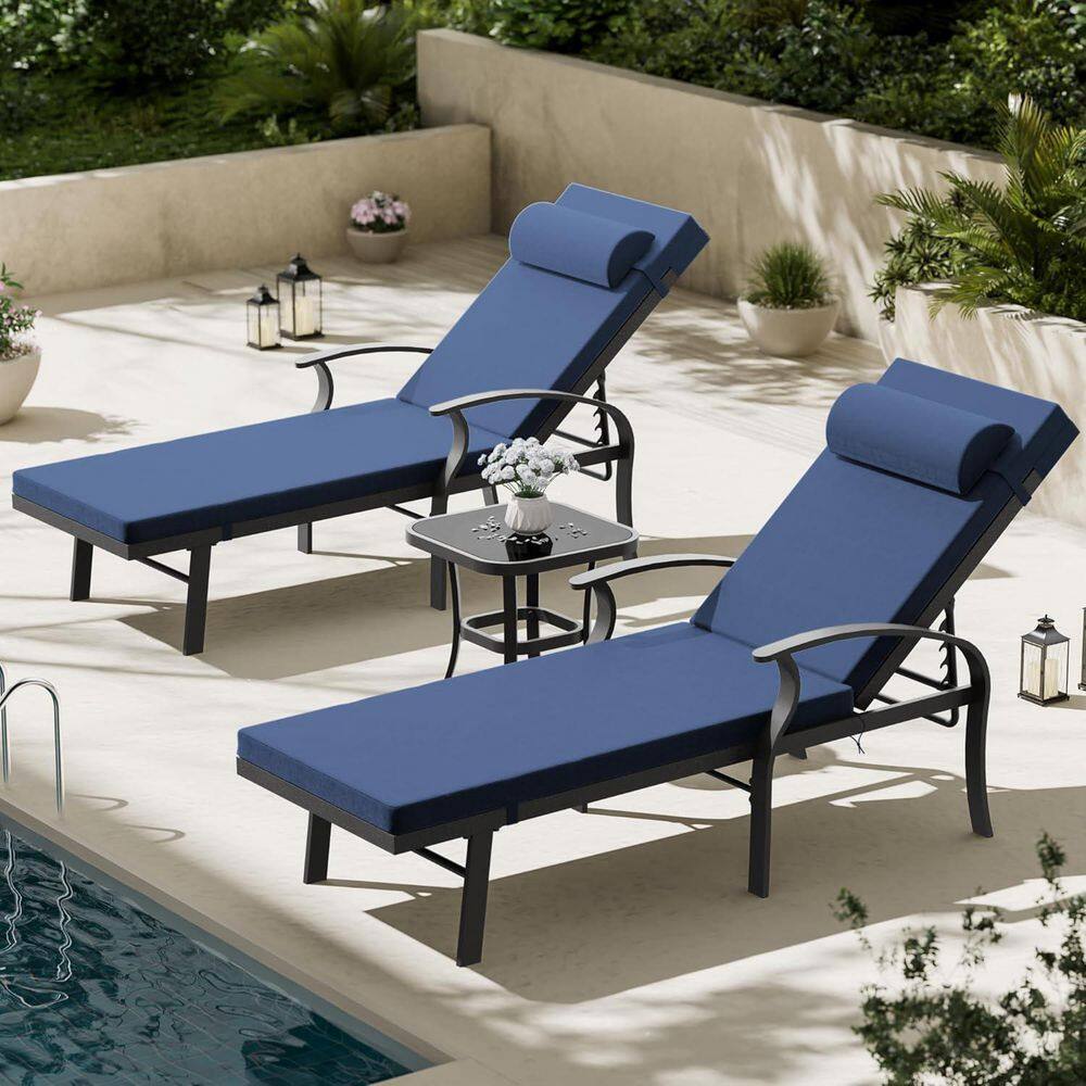 Halmuz 3-Piece Aluminum Outdoor Chaise Lounge with Glass Table, Armrest and Cushion Navy Blue A ...