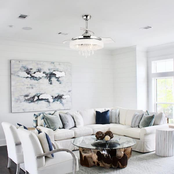 42 in. Modern Indoor Retractable Blade Chrome Crystal Ceiling Fan with Light Kit and Remote