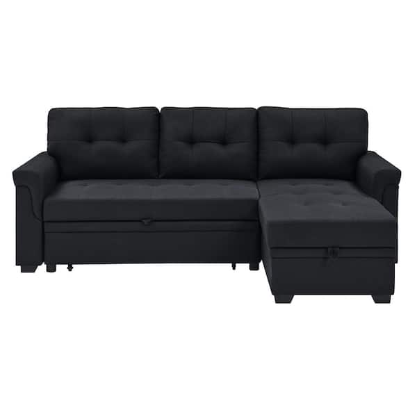 85 in. Black Polyester Queen Size Convertible Sofa Bed with Storage and Tufted Cushions – Modern Sleeper Couch