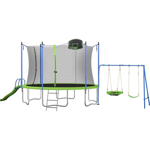 Sudzendf 14 ft. Blue and Green Trampoline with Enclosures & Ladder & Swing & Slide