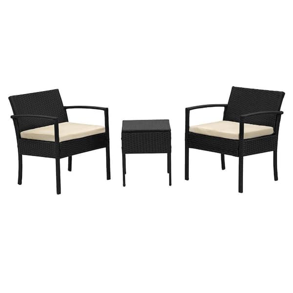 Zeus & Ruta 3-Piece Black PE Wicker Patio Conversation Set with Beige Cushions for Garden, Backyard, Balcony, Lawn, Seats 2-Person