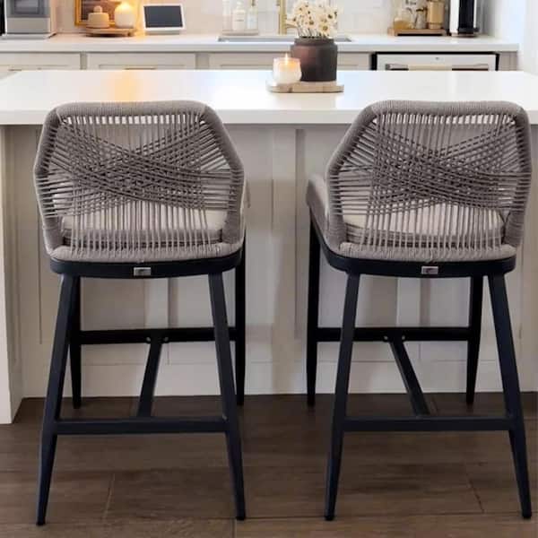Modern Aluminum Twill Wicker Woven Bar Height Outdoor Bar Stool with Back and Dark Gray Cushion (2-Pack)
