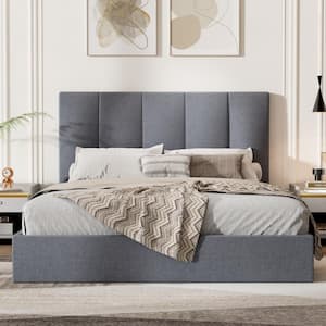 Gray Plywood Frame Queen Size Linen Upholstered Platform Bed with Lifting Storage