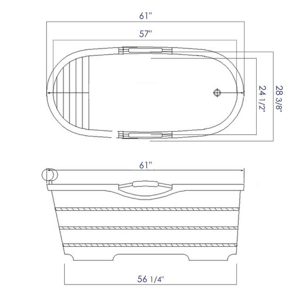 61'' Natural Oak Freestanding Soaking Bathtub with Cushion Headrest