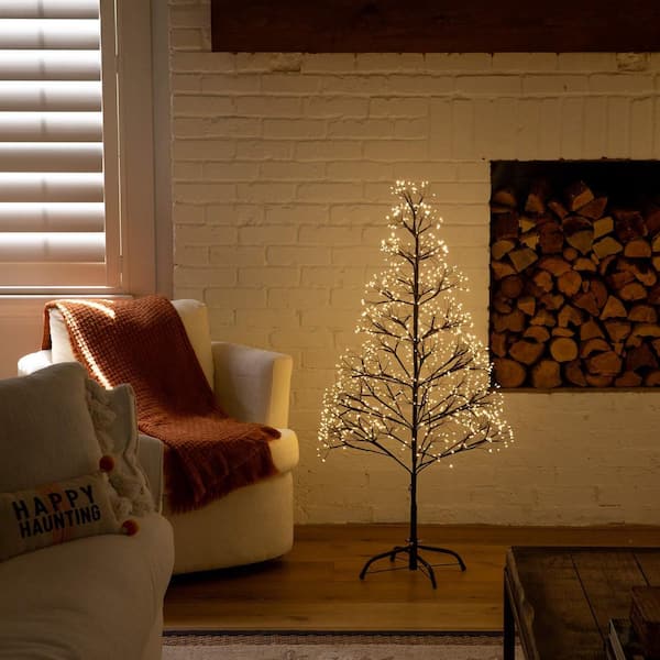 4ft. Pre-Lit Artificial Halloween Black Starburst Twig Tree with 800-Fairy Warm White LED Lights