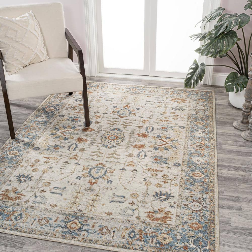 Hiero Cream and Terra Persian Border 8' x 10' Washable Rug