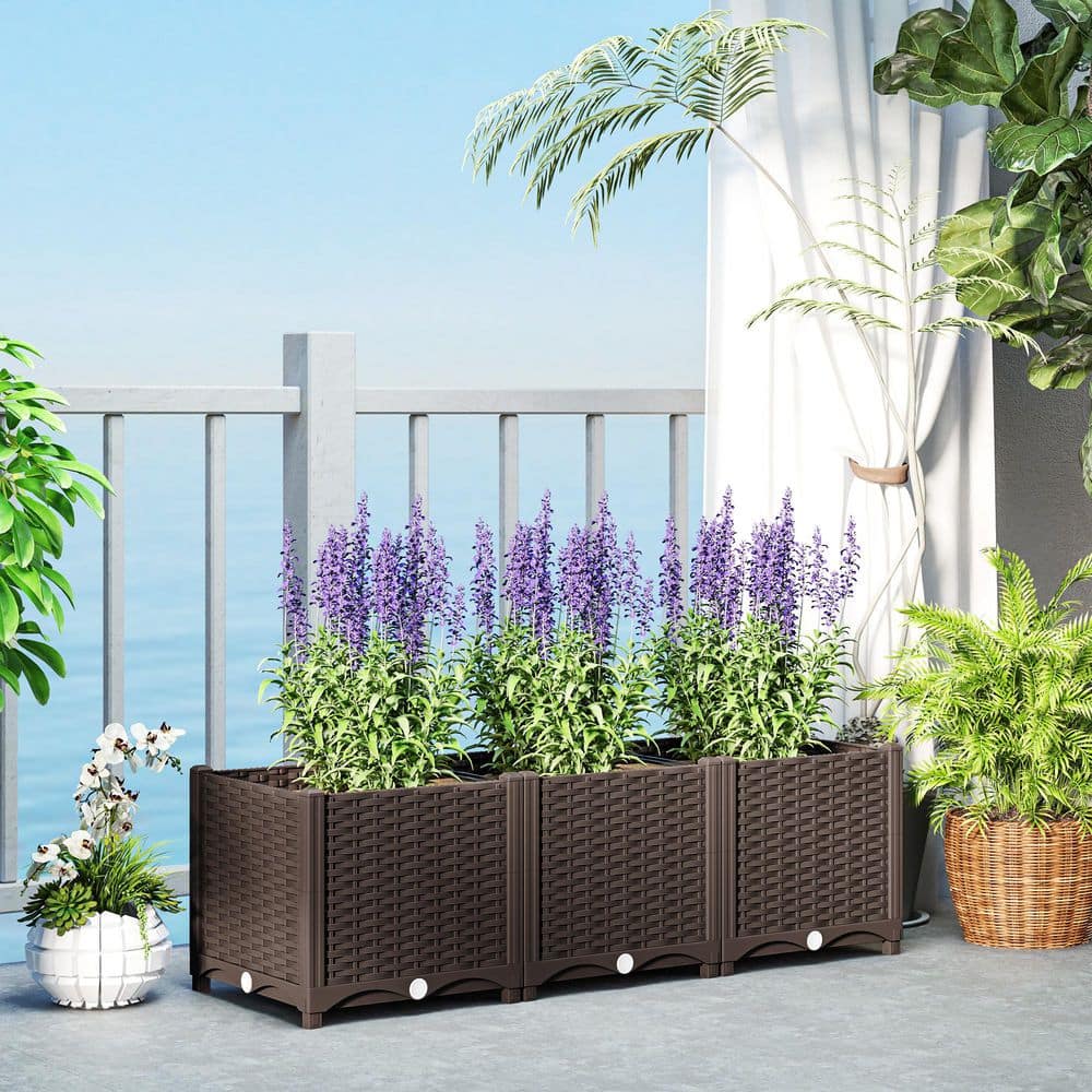 Brown Wicker Plastic Raised Garden Bed with Drainage Holes