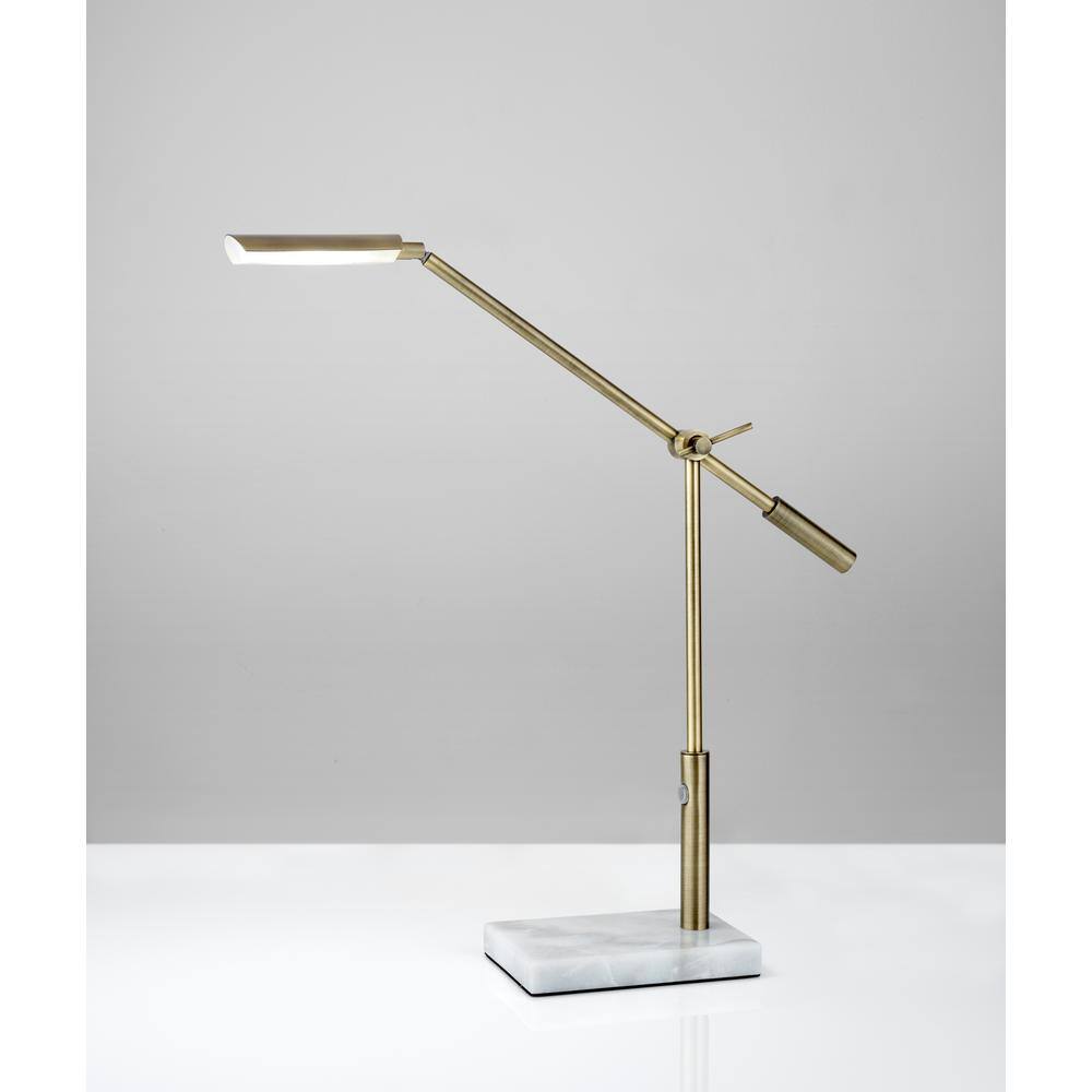 Antique Brass and White Marble Adjustable LED Desk Lamp
