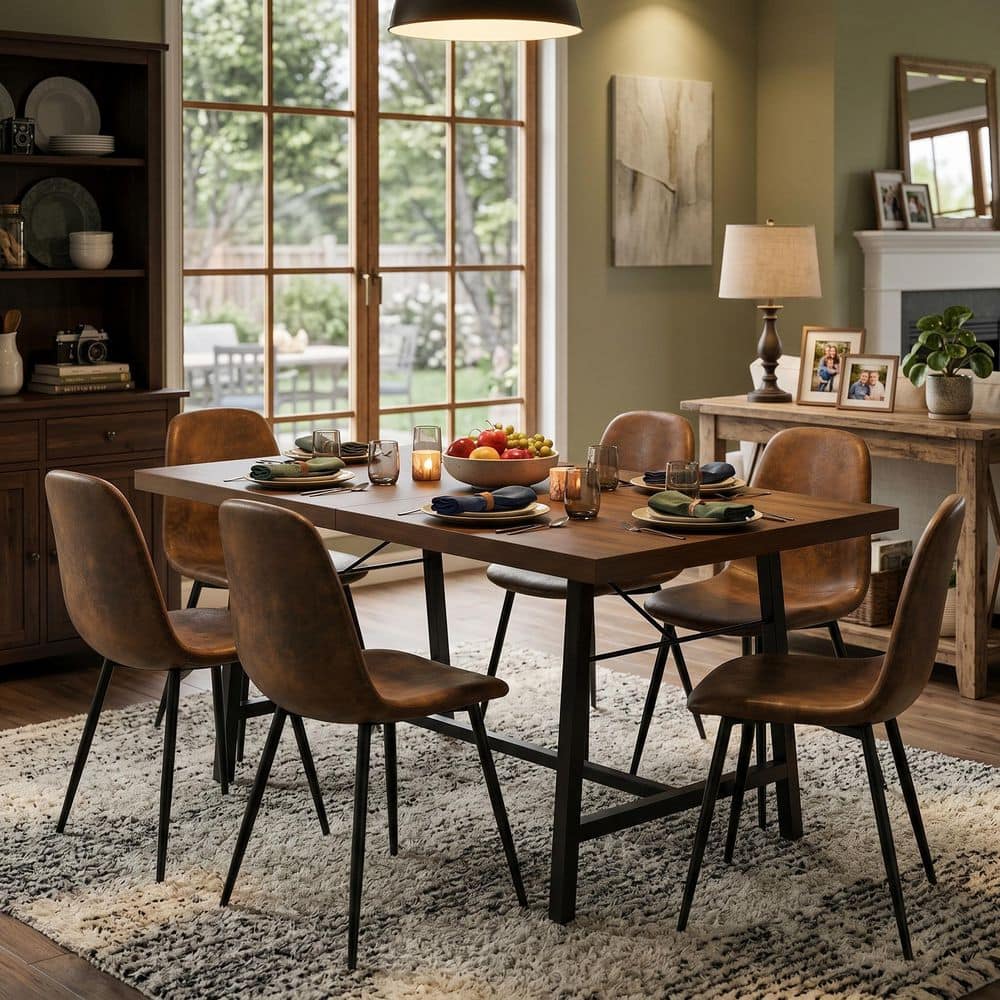 7-Piece Rectangular Walnut Brown MDF Top Dining Room Set Seats 6