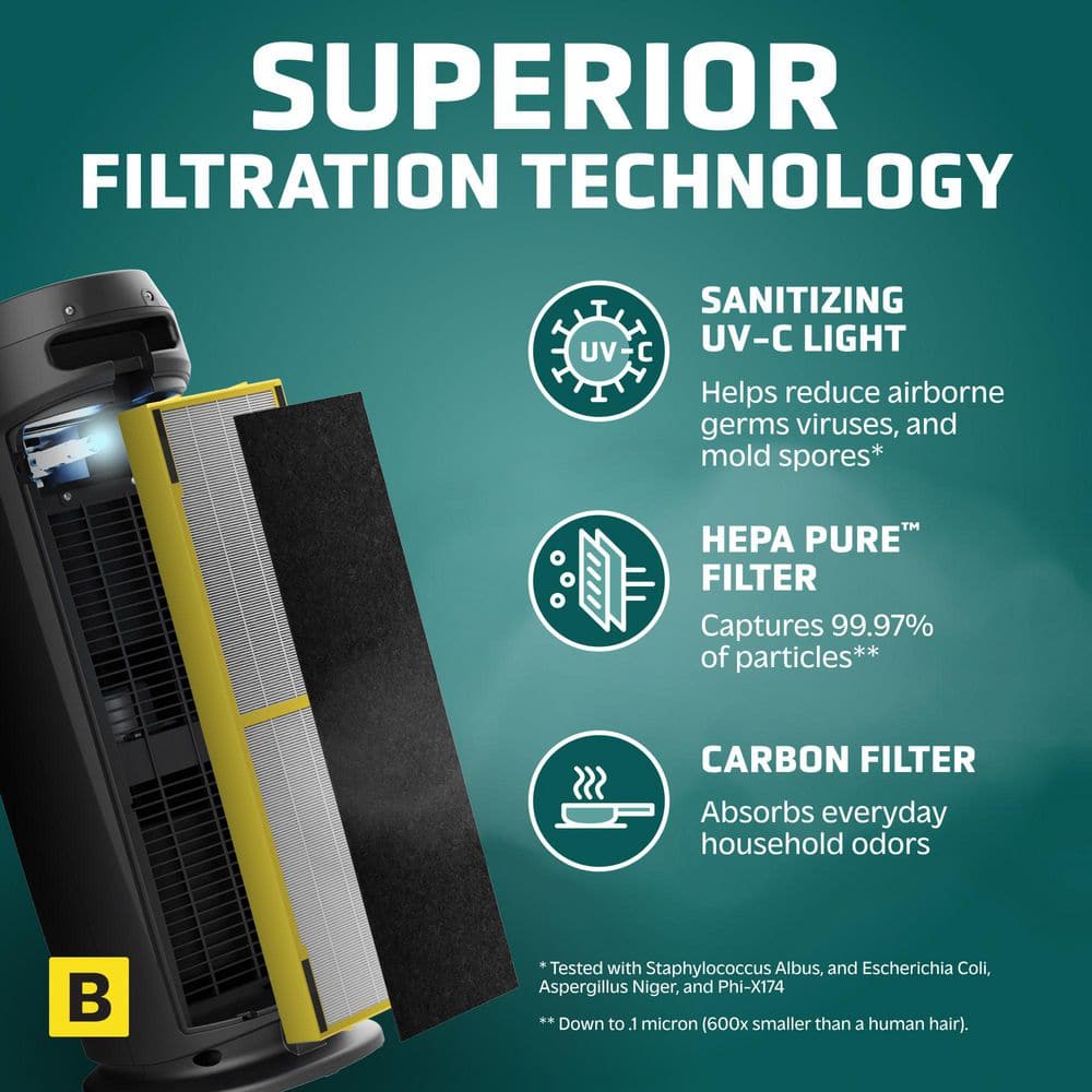 Black and Silver HEPA Tower Air Purifier with UV-C Light