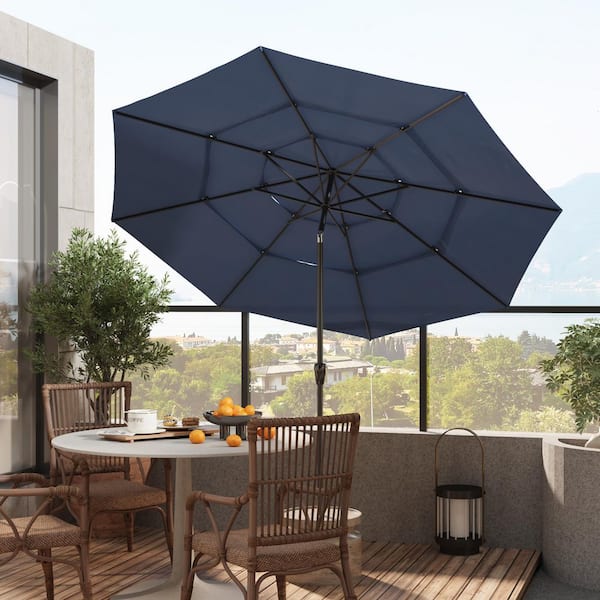 11 ft. Outdoor Beach Umbrella with 3-Tier Vented Canopy Patio Umbrella with 8 Heavy-Duty Ribs, Crank Tilt in Navy Blue
