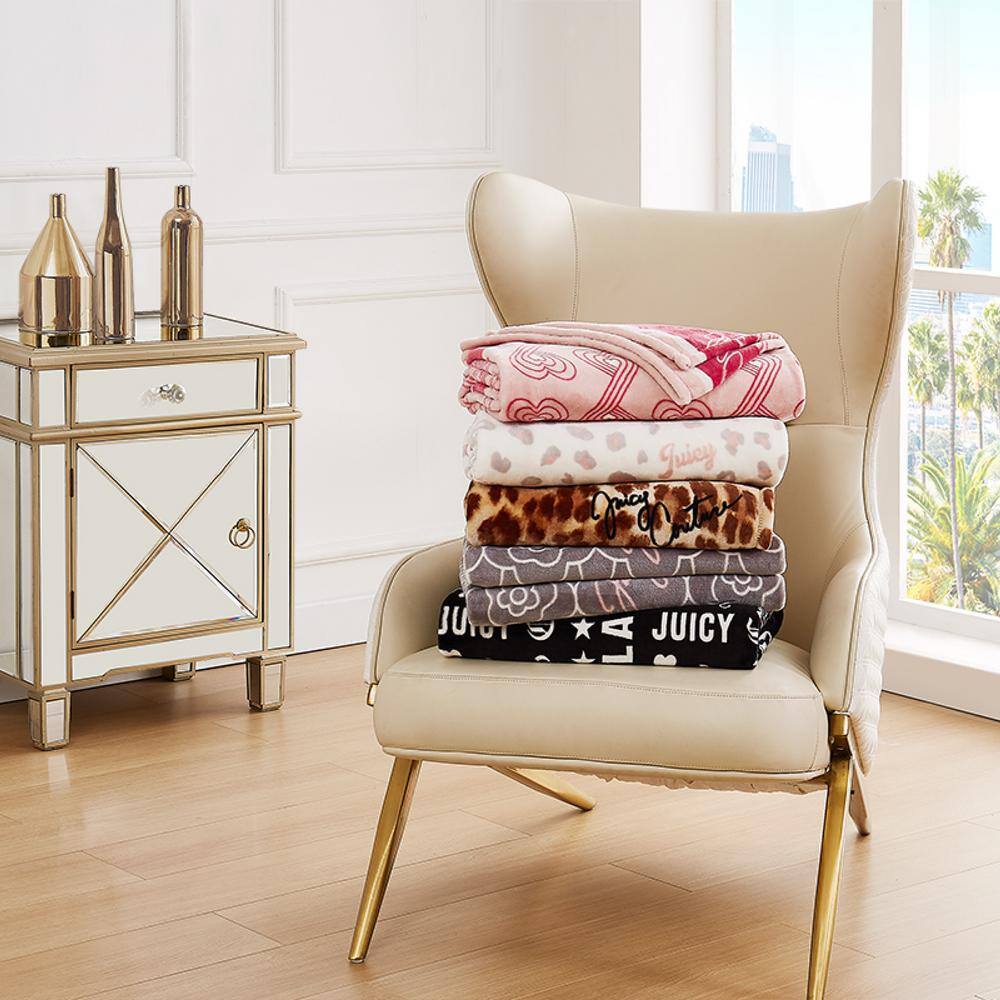 Juicy Couture Pink and White Leopard Plush Throw Blanket