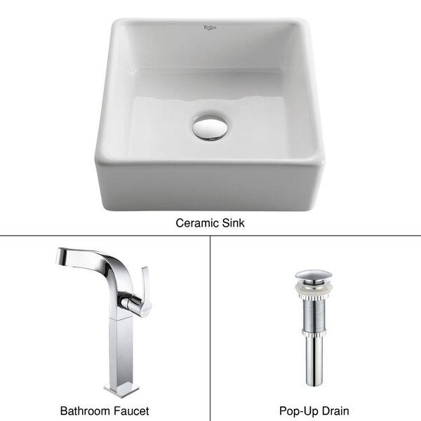 KRAUS Square Ceramic Vessel Sink in White with Typhon Faucet in Chrome