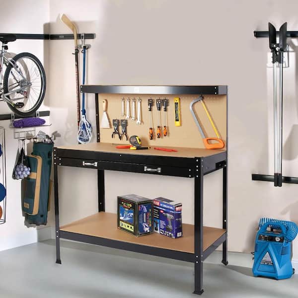 Workbench, Steel Garage Workbench, Tool Storage Work Bench Workshop Tools  Table with Drawer and Peg Board, Load Bearing 300 Lbs, Suitable for Garage