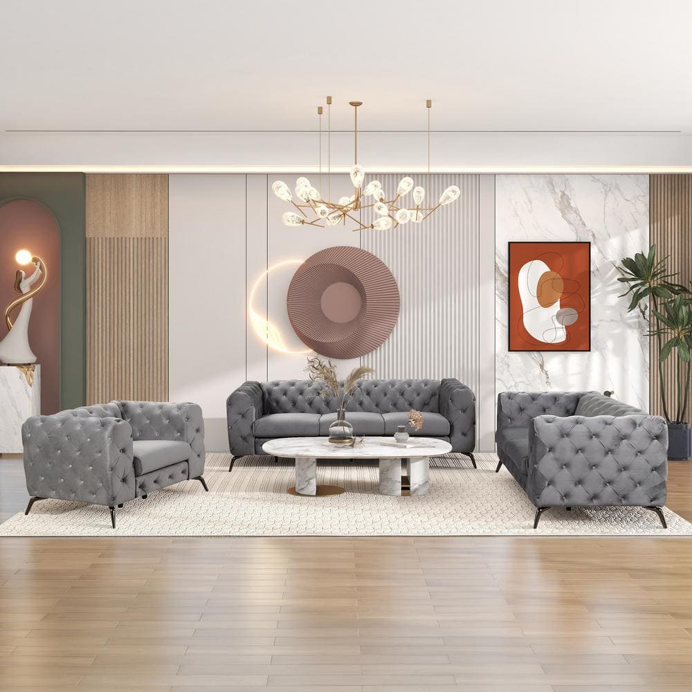 Nestfair 3-Piece Gray Velvet Upholstered Living Room Set with