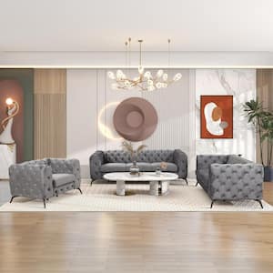 3-Piece Gray Velvet Upholstered Living Room Set with Button-tufted Design