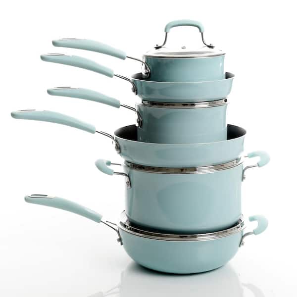 USA 10pc Forged Nonstick White Interior Ceramic Teal Cookware Set - None