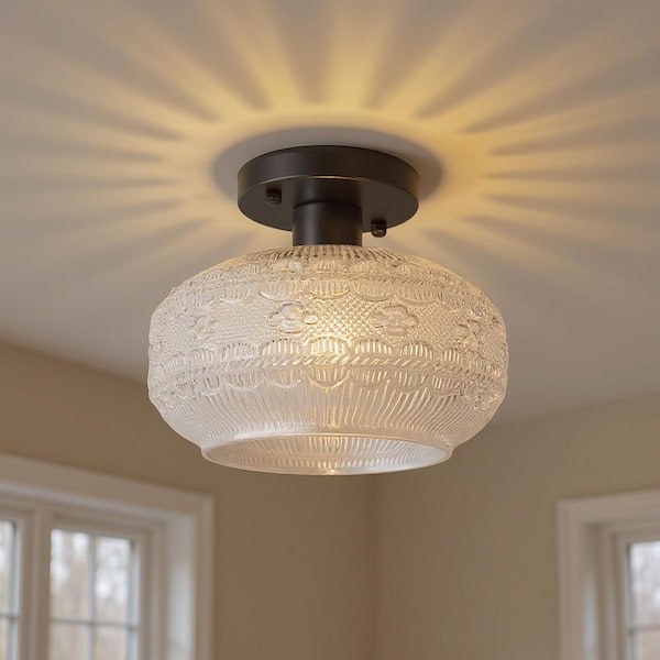 9.5 in. 1-Light Black Semi Flush Bowl Ceiling Light, Vintage Glass Farmhouse Fixture for Hallway, Bedroom, Kitchen