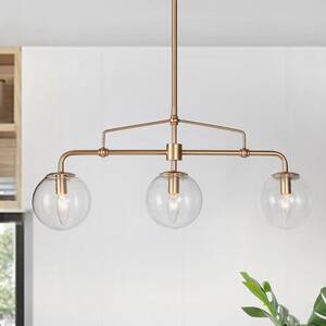 Modern Gold Globe Island Chandelier, Naomi 25.5 in. 3-Light Linear Dining Room Pendant Light with Seeded Glass Shades