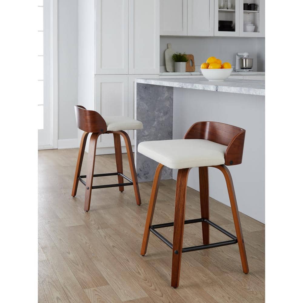 Beige Swivel Counter Stool with Walnut Wood and Metal Frame
