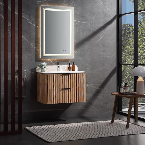 Wenlorin 30 in. Single Sink Floating Oak Bath Vanity with White Acrylic Top Pre-Assembled