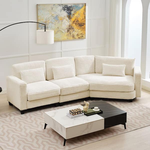 Jearey 123 in. Beige Curved Corduroy Sectional Sofa Seater for 3
