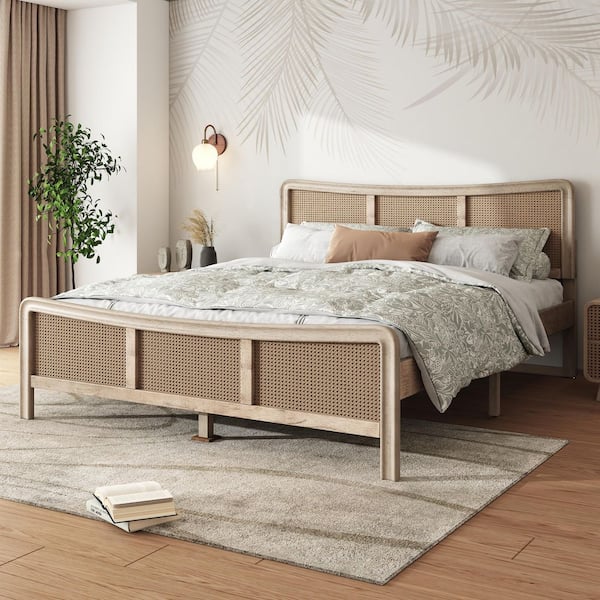 Isra Boho Natural Brown Curved Solid Wood Frame Queen Size Platform Bed with Rattan Woven Headboard and Footboard