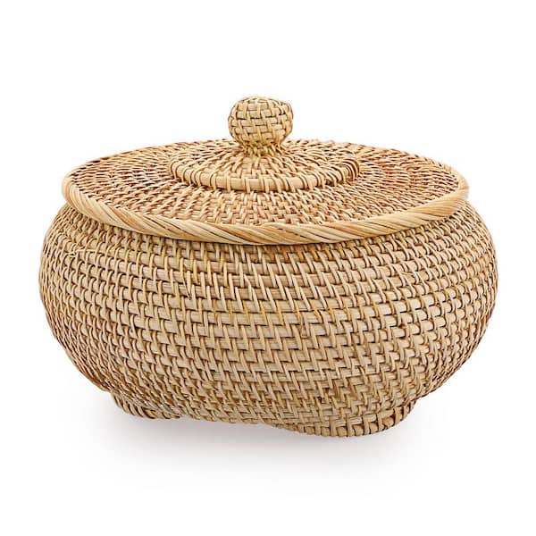 Brown 7.9 in. x 4.1 in. Round Rattan Storage Basket with Lid - Hand-Woven Wicker Storage Basket, Decorative Basket