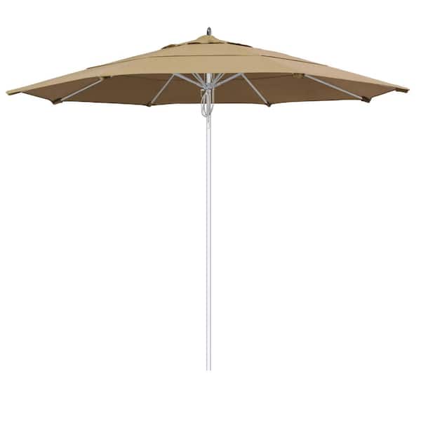 California Umbrella 11 ft. Silver Aluminum Commercial Fiberglass Ribs Market Patio Umbrella and Pulley Lift in Heather Beige Sunbrella