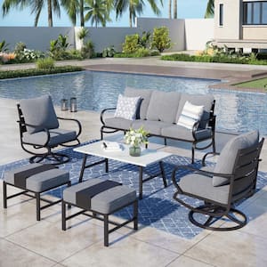 Metal Slatted 7-Seat 6-Piece Outdoor Patio Conversation Set with Gray Cushions and Table with Marble Pattern Top